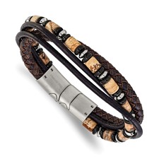 Image of Chisel Stainless Steel Polished Onyx and Picture Jasper Beaded Black and Brown Leather Multi Strand 8 inch Plus .5 inch Extension Bracelet
