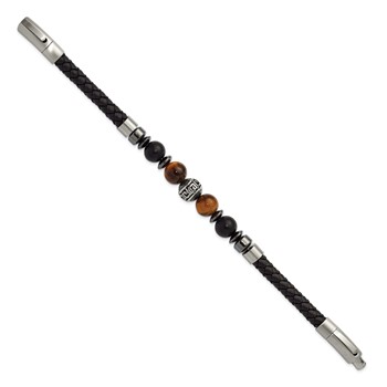 Chisel Stainless Steel Brushed and Polished Onyx and Tiger's Eye Black Leather 8 inch Plus .5 inch Extension Bracelet — alternate view