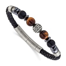 Image of Chisel Stainless Steel Brushed and Polished Onyx and Tiger's Eye Black Leather 8 inch Plus .5 inch Extension Bracelet