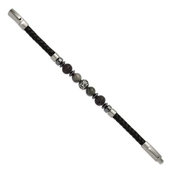 Chisel Stainless Steel Brushed Lava and Tiger's Eye and Hematite Black Leather 8 inch Plus .5 inch Extension Bracelet — alternate view