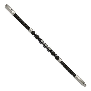 Chisel Stainless Steel Brushed Onyx and Hematite Beaded Black Leather 8 inch Plus .5 inch Extension Bracelet — alternate view