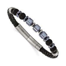 Image of Chisel Stainless Steel Brushed Onyx and Hematite Beaded Black Leather 8 inch Plus .5 inch Extension Bracelet