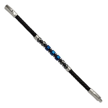 Chisel Stainless Steel Polished Blue-plated Onyx and Hematite Beaded Black Leather 8 inch Plus .5 inch Extension Bracelet — alternate view