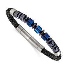 Image of Chisel Stainless Steel Polished Blue-plated Onyx and Hematite Beaded Black Leather 8 inch Plus .5 inch Extension Bracelet
