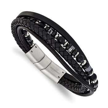 Chisel Stainless Steel Brushed and Polished Onyx and Hematite Beaded Black Leather Multi Strand 8 inch Plus .5 inch Extension Bracelet