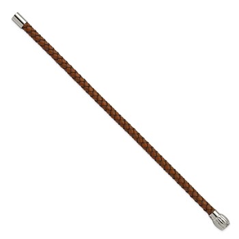 Chisel Stainless Steel Polished Brown Woven Leather 8.5 inch Bracelet — alternate view