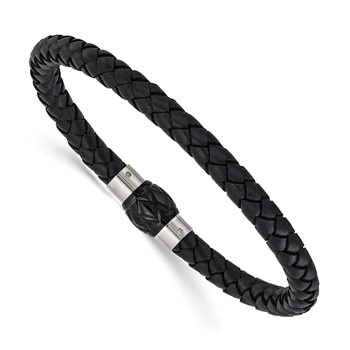 Chisel Stainless Steel Brushed and Polished Black Woven Leather 8.5 inch Bracelet