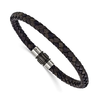 Chisel Stainless Steel Brushed and Polished Black Woven Leather 8.5 inch Bracelet