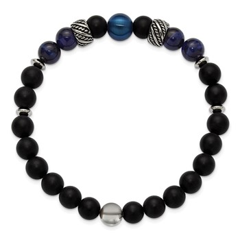 Chisel Stainless Steel Antiqued Blue IP-plated 8mm Tiger's Eye and Black Onyx Beaded 7.5 inch Stretch Bracelet — alternate view