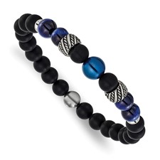Image of Chisel Stainless Steel Antiqued Blue IP-plated 8mm Tiger's Eye and Black Onyx Beaded 7.5 inch Stretch Bracelet