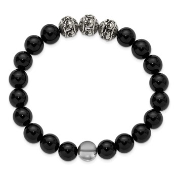 Chisel Stainless Steel Antiqued and Polished Skull Beads and Black Onyx 7.5 inch Stretch Bracelet — alternate view