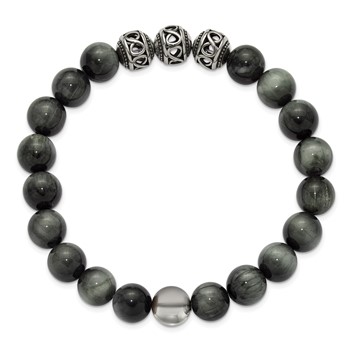 Chisel Stainless Steel Antiqued and Polished 11mm Grey Tiger Eye Beaded 7.75 inch Stretch Bracelet — alternate view