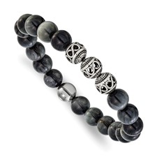 Image of Chisel Stainless Steel Antiqued and Polished 11mm Grey Tiger Eye Beaded 7.75 inch Stretch Bracelet