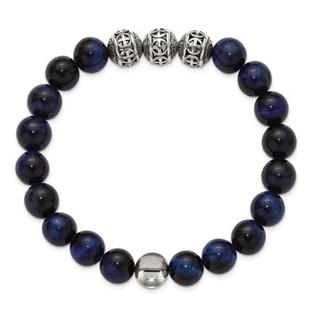 Chisel Stainless Steel Antiqued and Polished 10mm Blue Tiger's Eye Beaded 7.5 inch Stretch Bracelet — alternate view