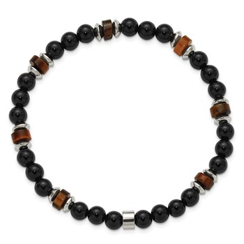 Chisel Stainless Steel Polished 6.710mm Black Onyx and Tiger's Eye Beaded 7.75 inch Stretch Bracelet — alternate view