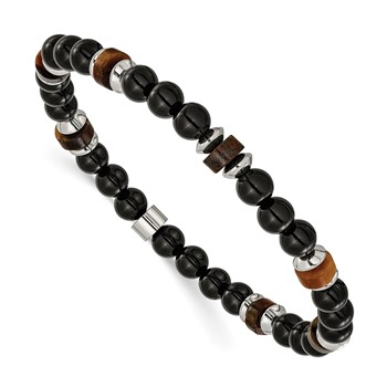 Chisel Stainless Steel Polished 6.710mm Black Onyx and Tiger's Eye Beaded 7.75 inch Stretch Bracelet