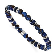 Image of Chisel Stainless Steel Polished 6.50mm Blue Golden and Lapis Beaded 7.75 inch Stretch Bracelet