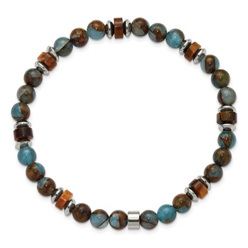 Chisel Stainless Steel Polished 6.60mm Blue Golden and Brown Tiger's Eye Beaded 7.75 inch Stretch Bracelet — alternate view