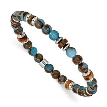 Chisel Stainless Steel Polished 6.60mm Blue Golden and Brown Tiger's Eye Beaded 7.75 inch Stretch Bracelet