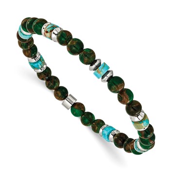Chisel Stainless Steel Polished 6.60mm Marine-green Emperor and Green Golden Beaded 7.75 inch Stretch Bracelet