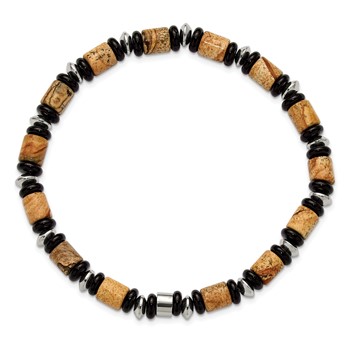 Chisel Stainless Steel Polished 6.60mm Black Onyx and Picture Jasper Beaded 8 inch Stretch Bracelet — alternate view