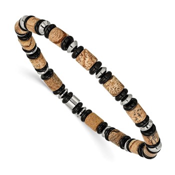 Chisel Stainless Steel Polished 6.60mm Black Onyx and Picture Jasper Beaded 8 inch Stretch Bracelet