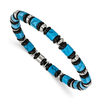 Chisel Stainless Steel Polished 6.50mm Turquoise and Black Onyx Beaded 7.5 inch Stretch Bracelet