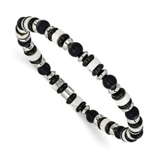 Image of Chisel Stainless Steel Polished 6.50mm White Howlite and Black Onyx Beaded 7.5 inch Stretch Bracelet