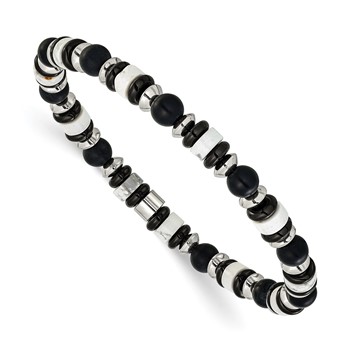 Chisel Stainless Steel Polished 6.50mm White Howlite and Black Onyx Beaded 7.5 inch Stretch Bracelet