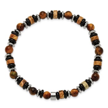 "Chisel Stainless Steel Polished 6.50mm Tiger's Eye, Picture Jasper and Black Onyx Beaded 7.5 inch Stretch Bracelet" — alternate view