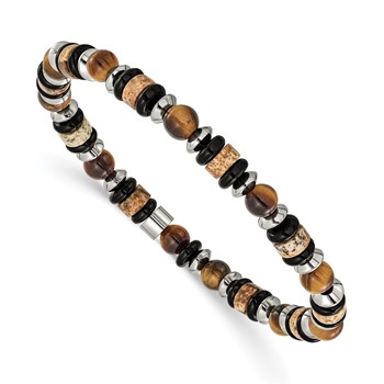 "Chisel Stainless Steel Polished 6.50mm Tiger's Eye, Picture Jasper and Black Onyx Beaded 7.5 inch Stretch Bracelet"