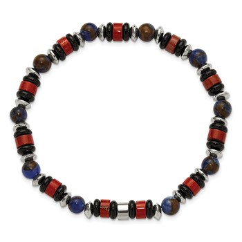 "Chisel Stainless Steel Polished 6.50mm Blue Golden, Red Agate and Black Onyx Beaded 7.75 inch Stretch Bracelet" — alternate view