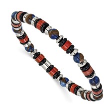 Image of "Chisel Stainless Steel Polished 6.50mm Blue Golden, Red Agate and Black Onyx Beaded 7.75 inch Stretch Bracelet"