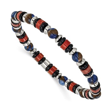 "Chisel Stainless Steel Polished 6.50mm Blue Golden, Red Agate and Black Onyx Beaded 7.75 inch Stretch Bracelet"
