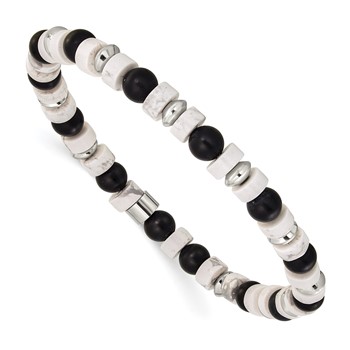 Chisel Stainless Steel Polished 6.60mm White Howlite and Black Onyx Beaded 7.5 inch Stretch Bracelet