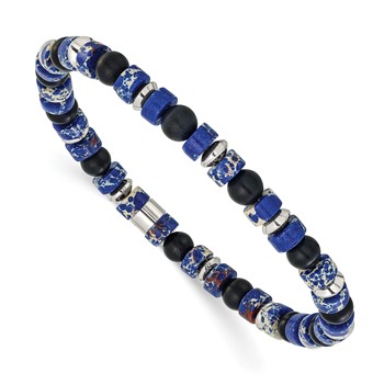 Chisel Stainless Steel Polished 6.40mm Blue Emperor and Black Onyx Beaded 7.5 inch Stretch Bracelet