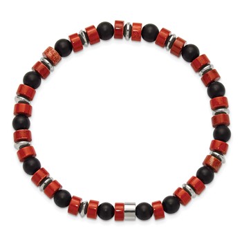 Chisel Stainless Steel Polished 6.30mm Red Agate and Black Onyx Beaded 7.5 inch Stretch Bracelet — alternate view
