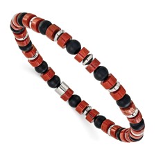 Image of Chisel Stainless Steel Polished 6.30mm Red Agate and Black Onyx Beaded 7.5 inch Stretch Bracelet