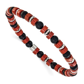 Chisel Stainless Steel Polished 6.30mm Red Agate and Black Onyx Beaded 7.5 inch Stretch Bracelet