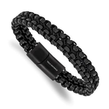 Chisel Stainless Steel Polished and Brushed Black IP-plated Chain and Cord 8.5 inch Bracelet