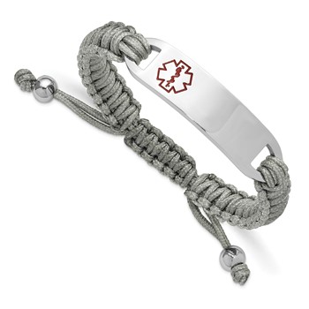 Chisel Stainless Steel Polished and Red Enamel Grey Nylon 7.5 inch to 10.5 inch Adjustable Medical ID Bracelet
