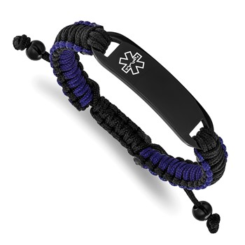 Chisel Stainless Steel Polished Black IP-plated and White Enamel Black and Blue Nylon 7.5 inch to 10.5 inch Adjustable Medical ID Bracelet