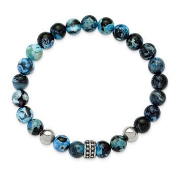 Chisel Stainless Steel Antiqued and Polished 8mm Black and Blue Apatite Beaded 7.25 inch Stretch Bracelet — alternate view