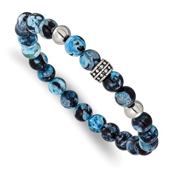 Chisel Stainless Steel Antiqued and Polished 8mm Black and Blue Apatite Beaded 7.25 inch Stretch Bracelet