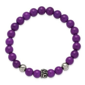 Chisel Stainless Steel Antiqued and Polished 8mm Purple Stone Beaded 7 inch Stretch Bracelet — alternate view