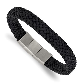 Chisel Stainless Steel Brushed and Polished Black Braided Nylon 8 inch Plus .5 inch Extension Bracelet