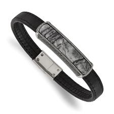 Image of Chisel Stainless Steel Polished Black Oxidized Picasso Jasper Black Leather 8 inch Bracelet