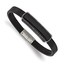 Image of Chisel Stainless Steel Antiqued and Polished Black Agate Black Leather 8.25 inch Bracelet