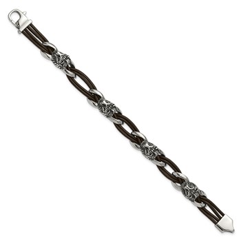 Chisel Stainless Steel Antiqued and Polished Lion Head Dark Brown Leather 8.5 inch Bracelet — alternate view