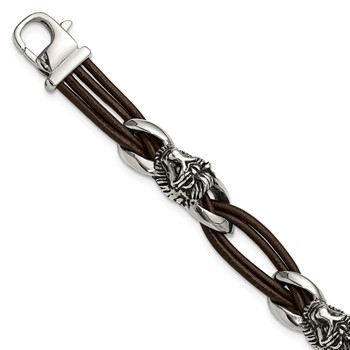 Chisel Stainless Steel Antiqued and Polished Lion Head Dark Brown Leather 8.5 inch Bracelet